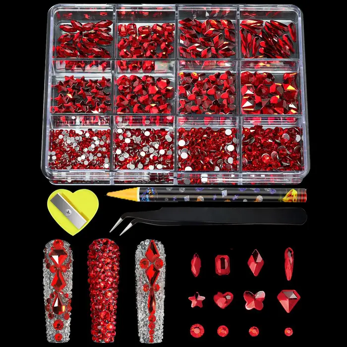 780-980 pièces 3D multi-formes luxe Nail Art strass clair/AB/rouge/bleu foret à fond plat avec stylo à cire et pince