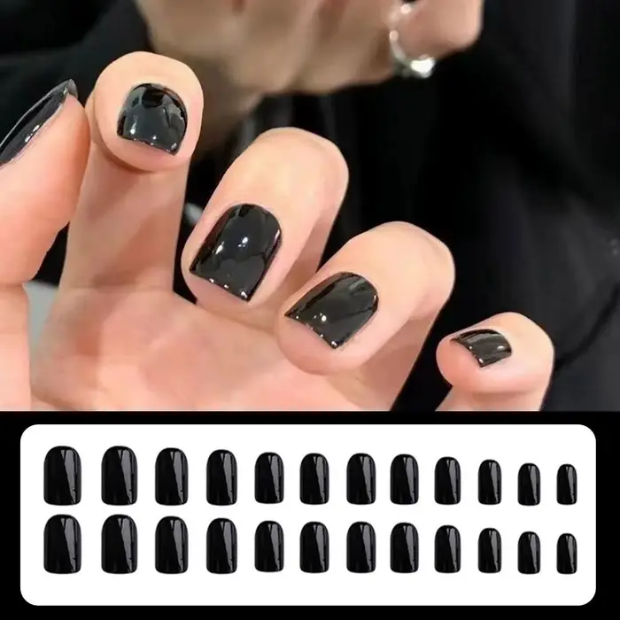 24 pièces noir carré presse sur ongles moyen longs faux ongles, 12 tailles ongles acryliques brillan