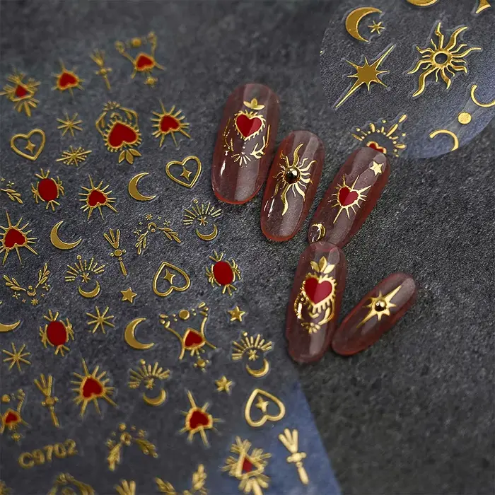 1 pièce Autocollants 3D pour ongles, Cœur d'amour doré bronzant, Y2K, Étoiles holographiques, Soleil