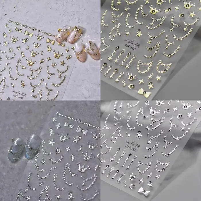 Autocollants pour ongles en chaîne étoile diamant 5D, 1 pièce, or argent, auto-adhésifs, décorations