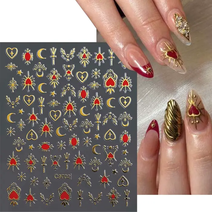 1 pièce Autocollants 3D pour ongles, Cœur d'amour doré bronzant, Y2K, Étoiles holographiques, Soleil