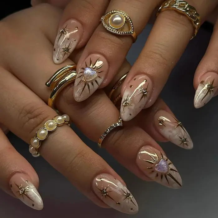 10 pièces 3D soleil étoile or ongles amande courte or charme conception réutilisable acrylique faux 