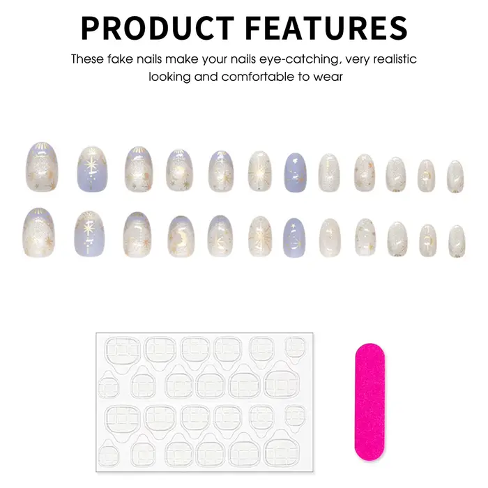 24 pièces romantique Y2k étoile presse sur ongles dégradé bleu Style français or lune conçoit faux o