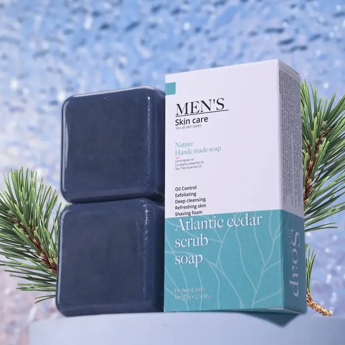Cedrus Atlantica Savon Gommage pour Hommes Anti-Acné Herbal Olive Huile Lavage du Visage avec Motif Floral pour Adultes