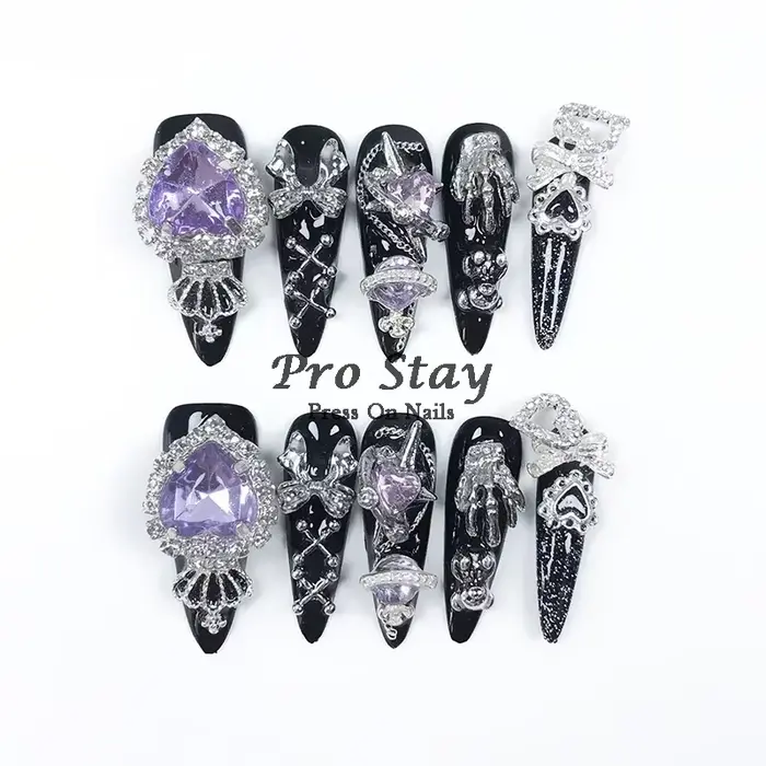 Faux ongles artificiels noirs foncés Y2k, faits à la main, à pression, doux et frais, avec diamant,
