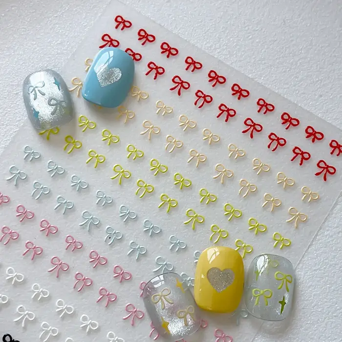 Autocollants pour Nail Art avec nœuds colorés en relief, Laser doux, or et argent, autocollants auto