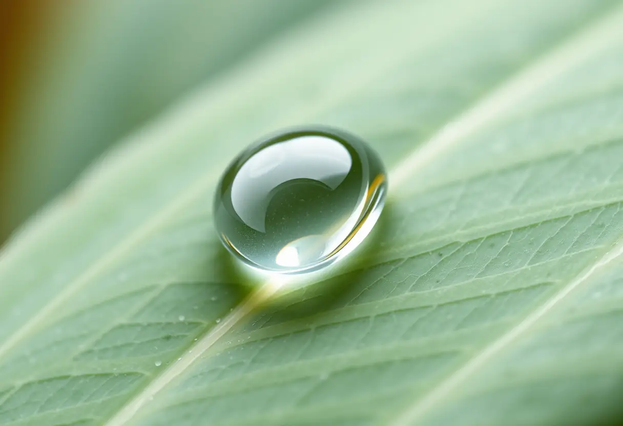 Goutte d'eau pure sur une feuille, mettant en valeur son rôle hydratant