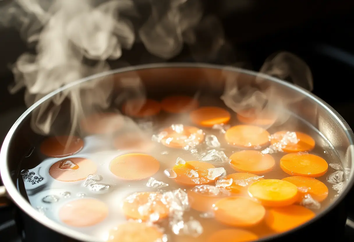 Ebulition des carottes dans une marmite sous une lumière naturelle, sans texte, sans écriture, sans lettres, photographie éditoriale, lumière naturelle, photoréaliste