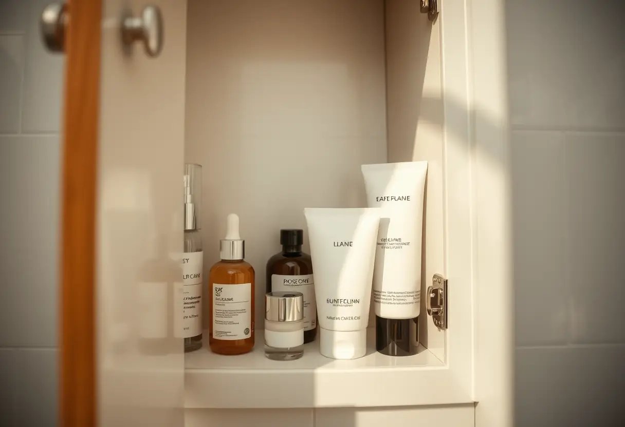 Skincare products in a bathroom
