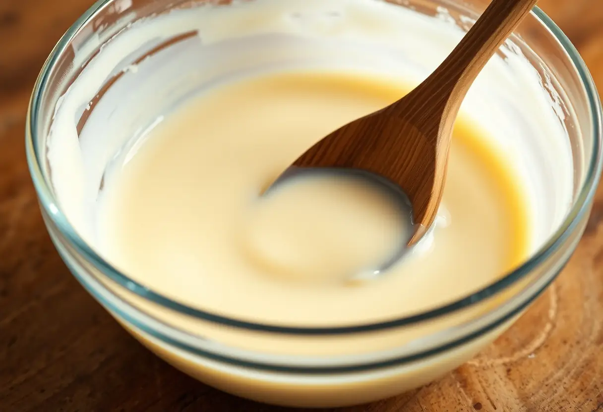 Mélange de crème anglaise dans un bol de verre