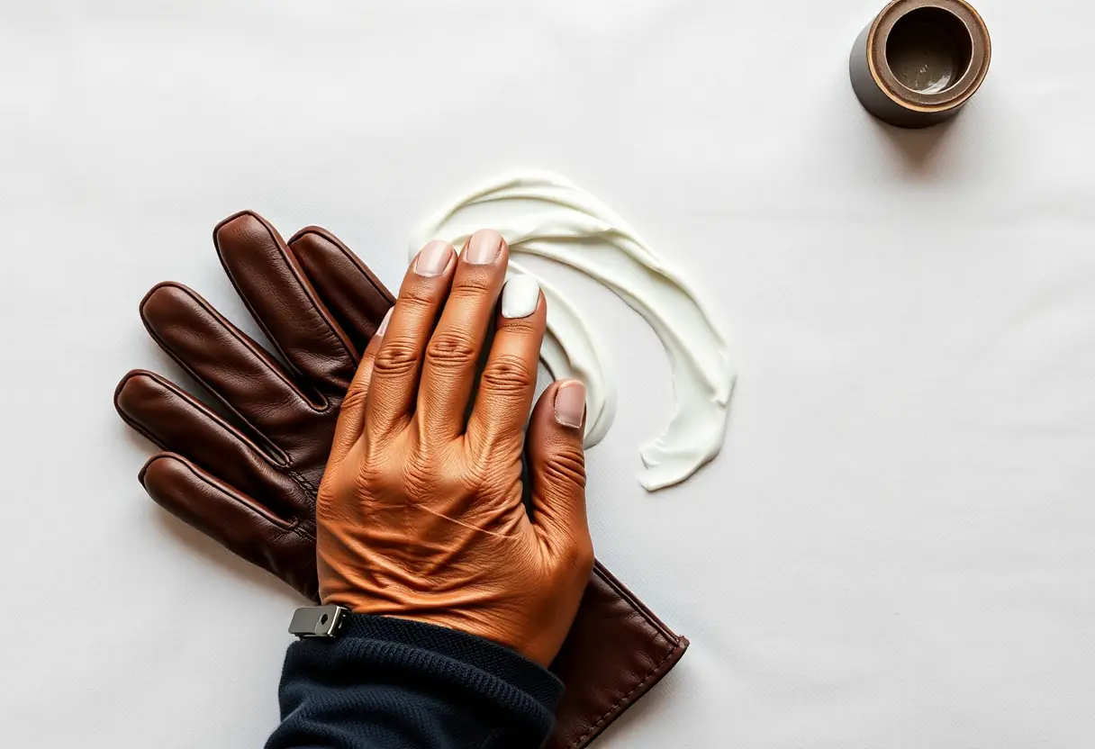 Main de travail appliquant la crème sur des gants de cuir