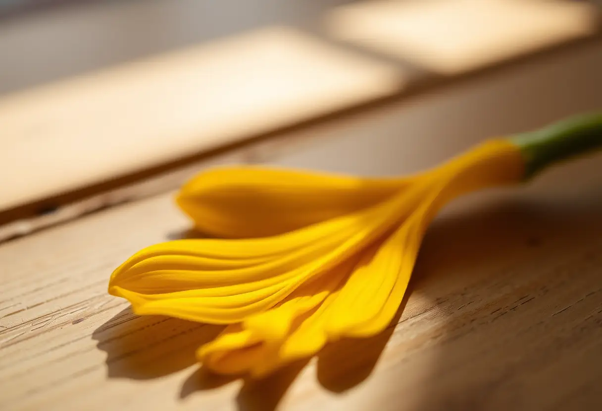 Un calice de calendula posé sur une surface en bois sous une lumière tamisée