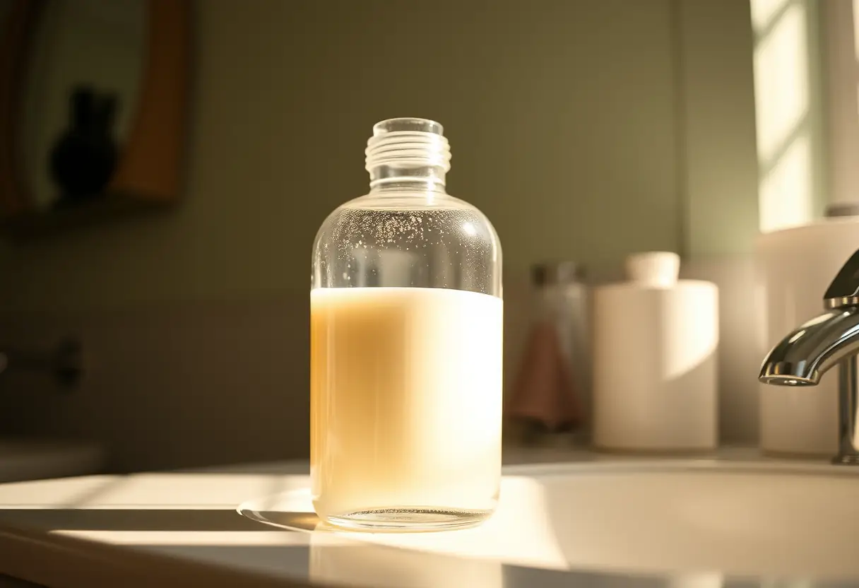 Une bouteille de crème hydratante sur un meuble de salle de bains, lumière naturelle