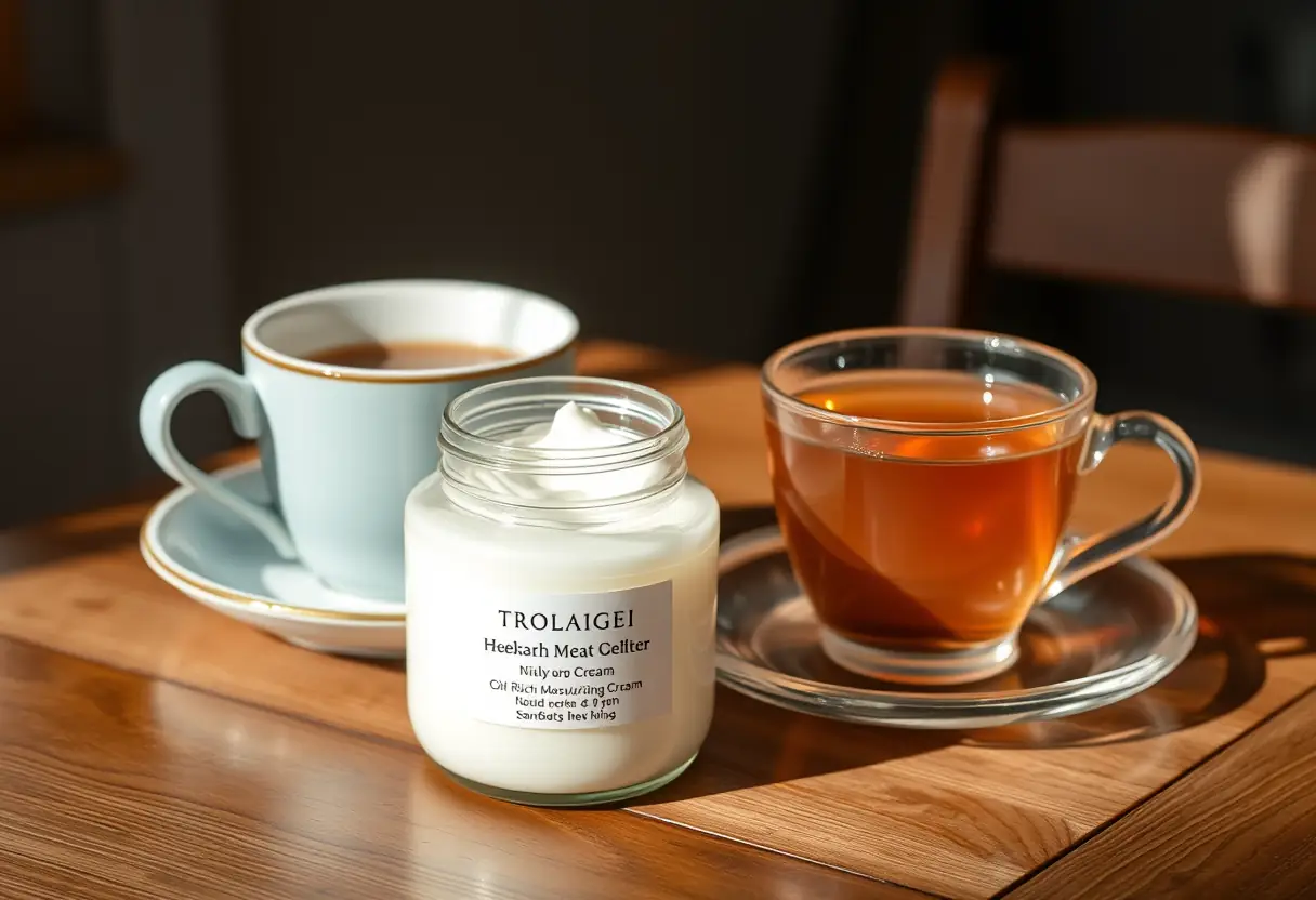 Pot rempli de crème hydratante posé sur une table en bois à côté d'une tasse de thé, scène chaleureuse et accueillante