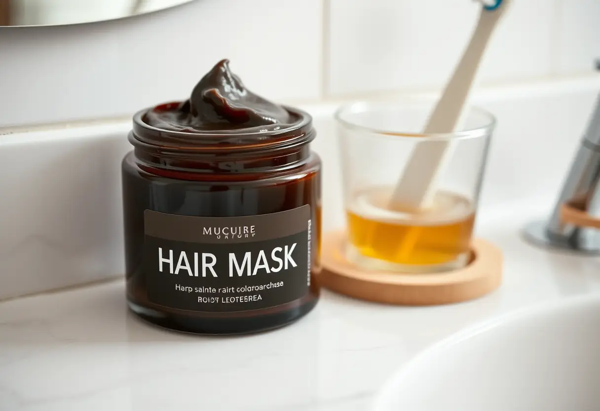 Pot de masque capillaire rempli de crème sombre sur un meuble de salle de bains