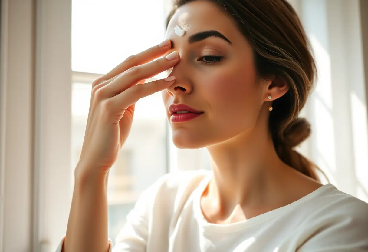 Une main appliquant une crème sur le visage devant une fenêtre illuminée par la lumière naturelle