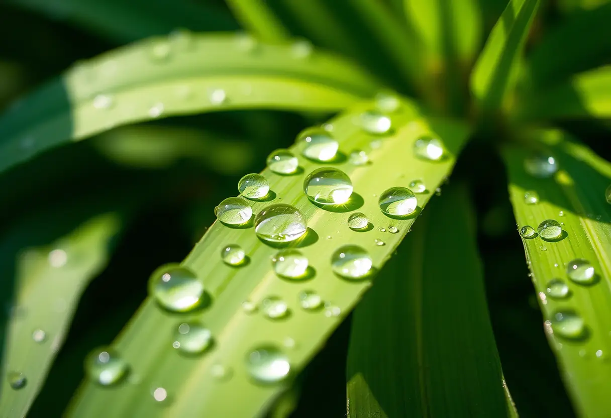 Vue rapprochée de gouttes d'eau sur des feuilles vertes, symbolisant l'hydratation et la fraîcheur, réfléchissant la lumière solaire