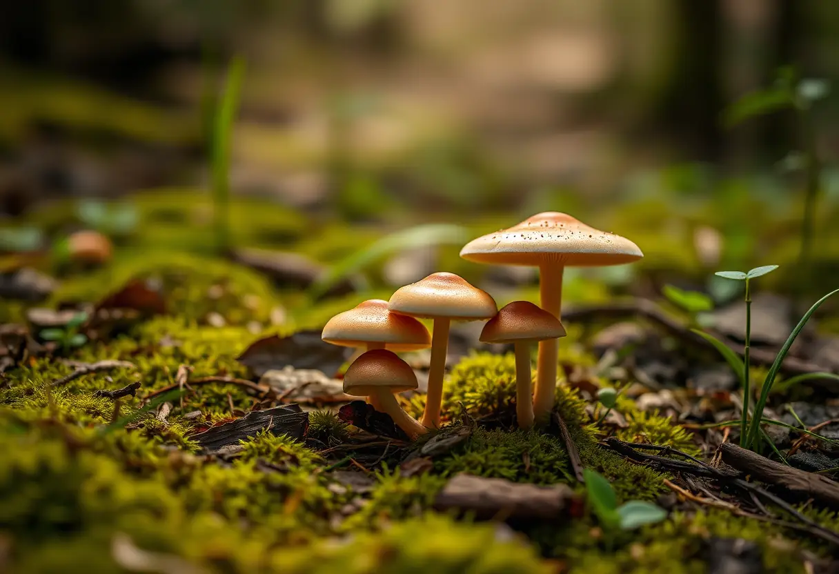Champignons poussant sur le sol d'une forêt au matin