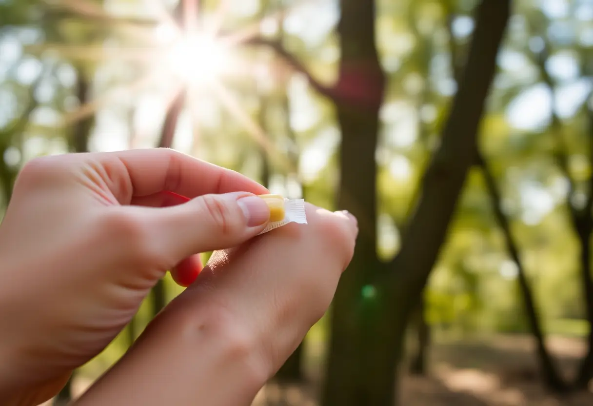 Main appliquant une pastille hydratation sur la peau sèche après une journée en plein air