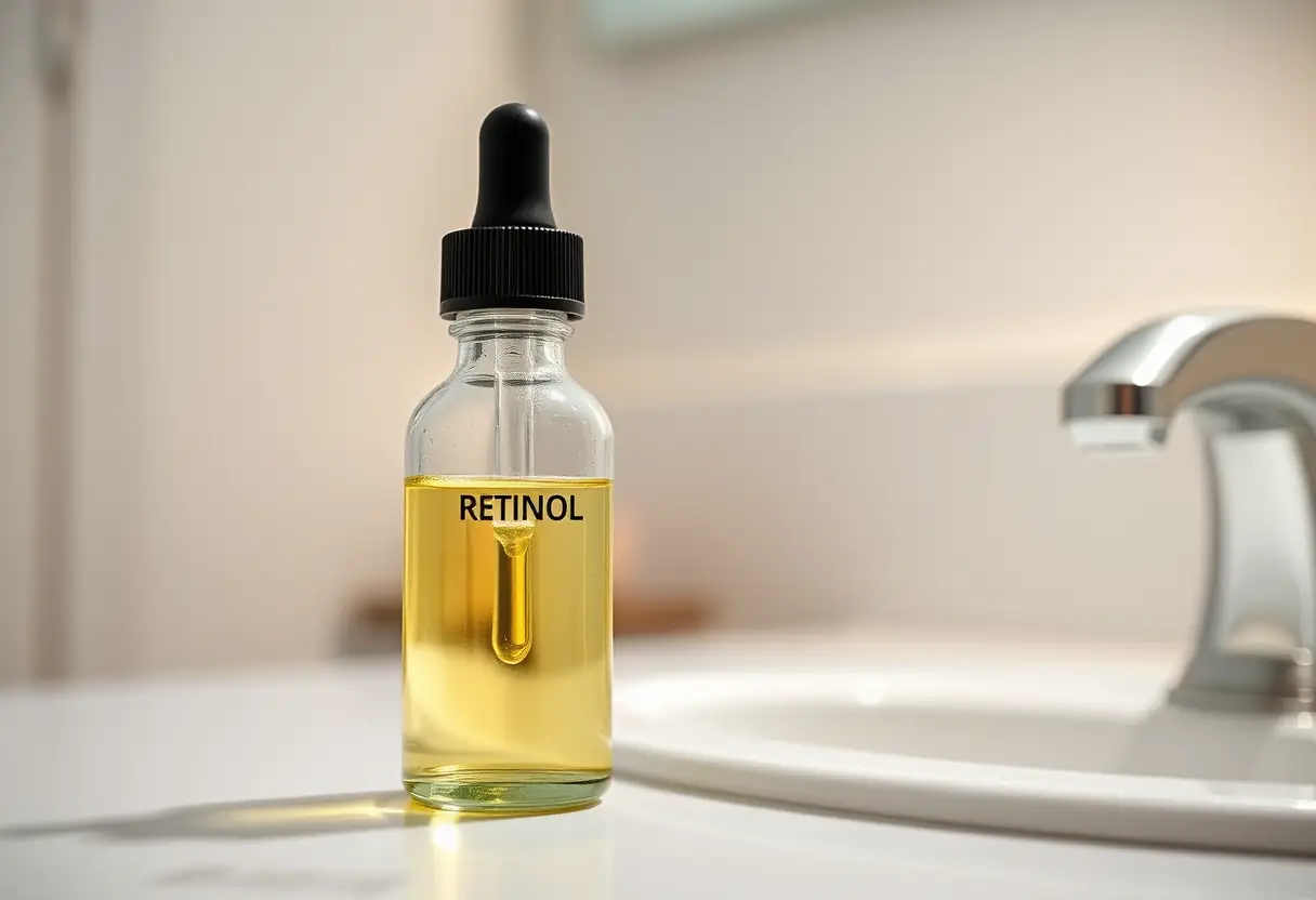 bouteille de solution au rétinol sur un meuble de toilette