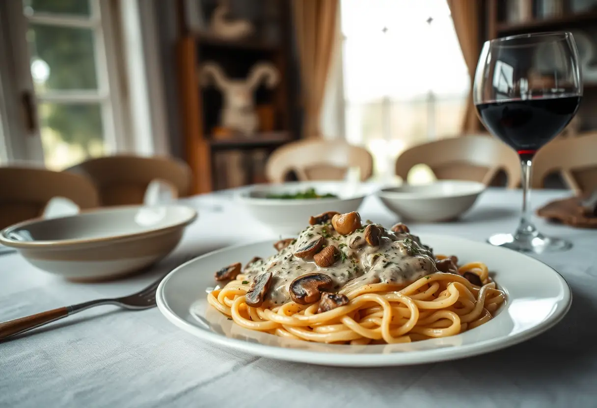 Assiette garnie de pâtes à la sauce crème de champignons