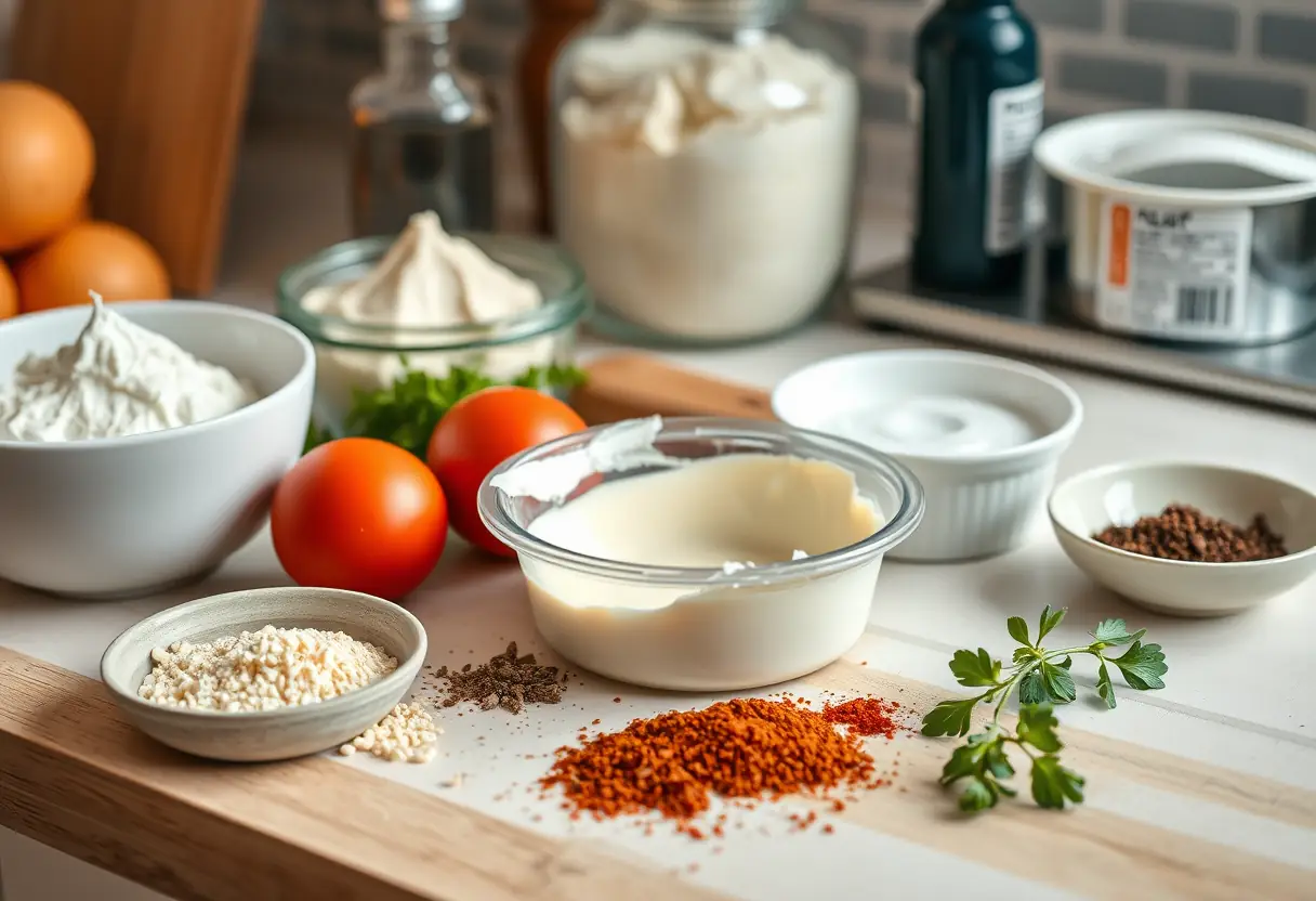 Préparation de sauce avec crème fraîche et herbes