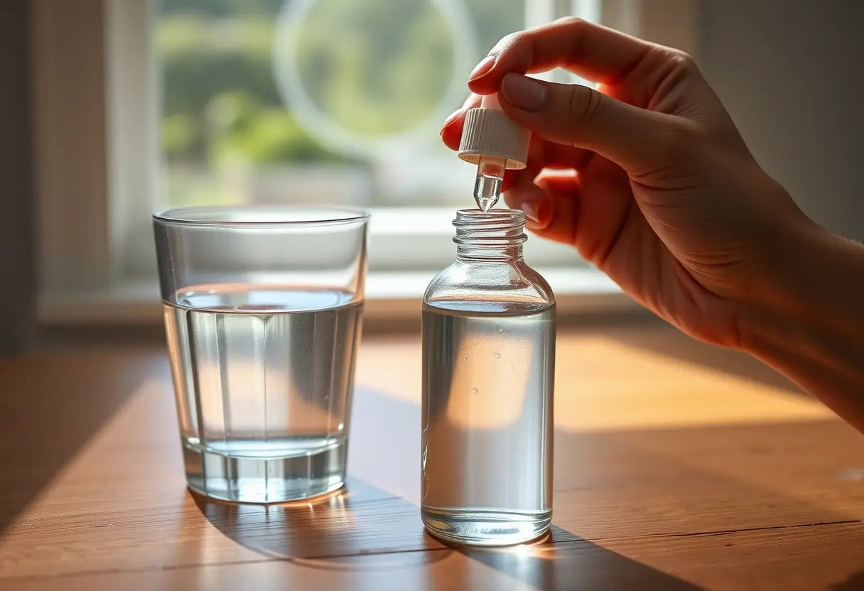Un flacon de liquide clair tenu par une main près d'un verre d'eau sur une table en bois