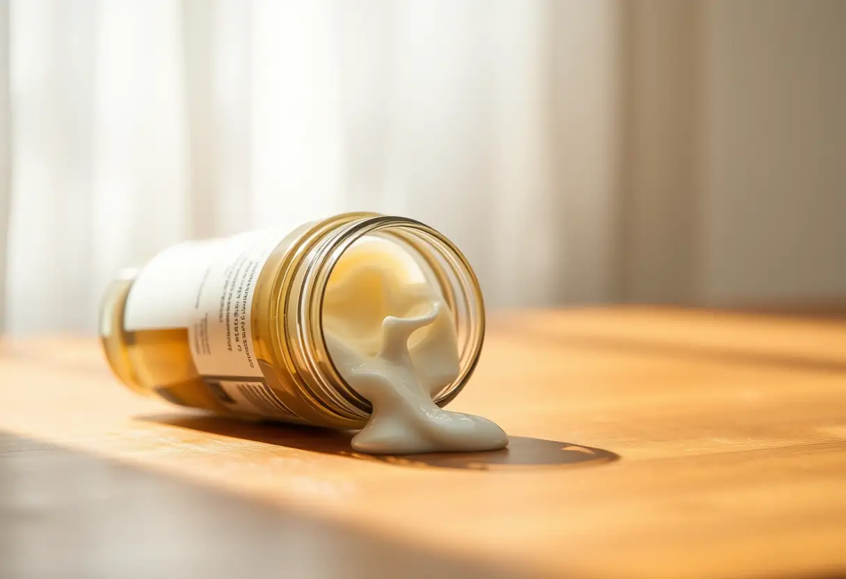 Une bouteille de crème posée sur une table en bois, éclairée par la lumière du jour, éditorial photo